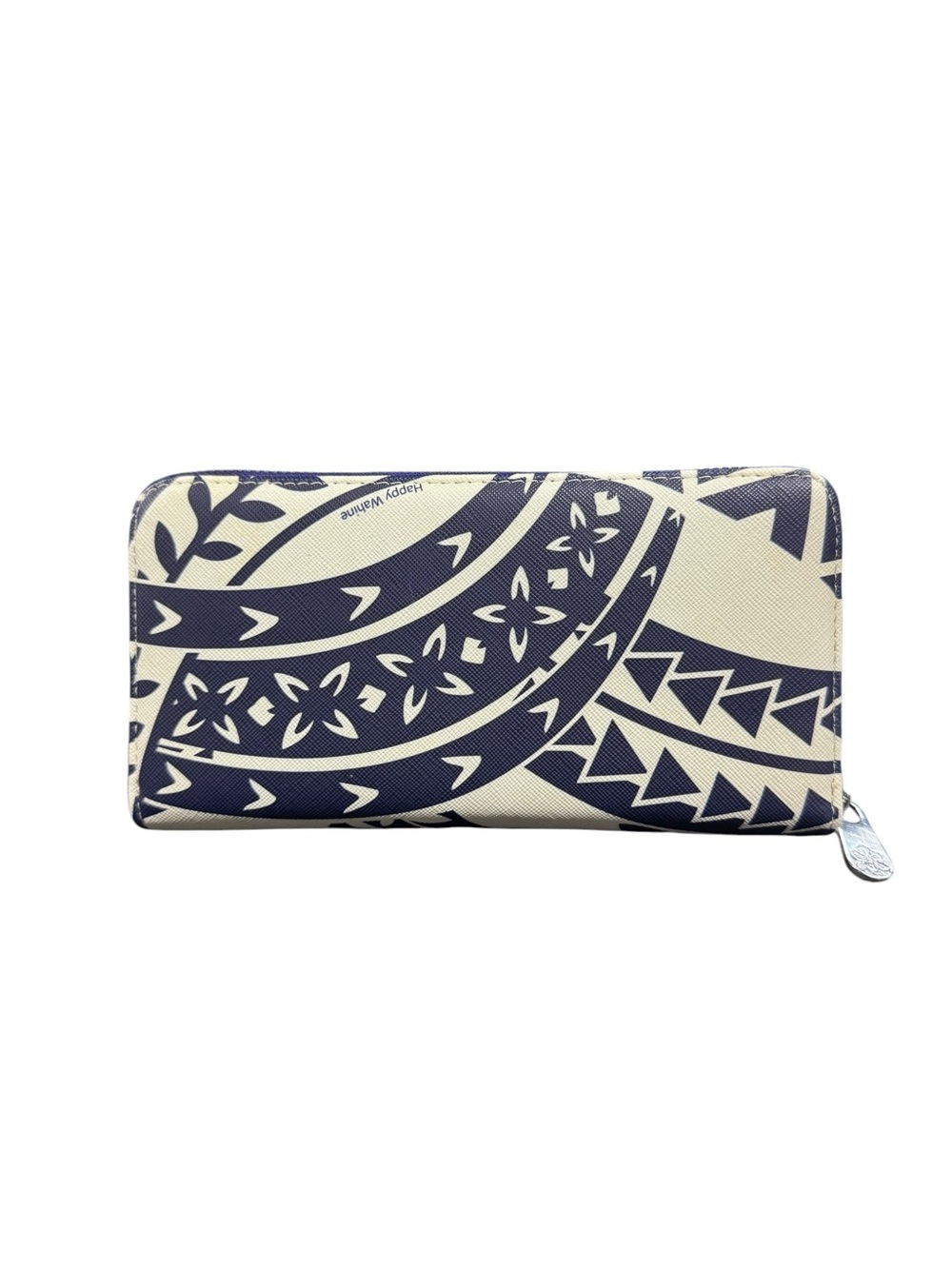 Happy Wahine Zip Around Wallet – Navy & Cream Hawaiian Print